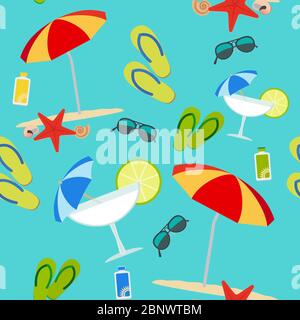 Vector summer items seamless pattern on blue background Stock Vector