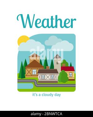 Different weather in the town vector illustration. Its a cloudy day Stock Vector