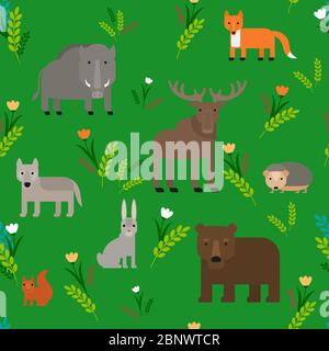 Animals Seamless Pattern Flat Design On Green Background Stock Vector
