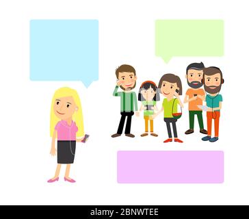 Cartoon illustration, people with gadgets and speech bubbles. Vcetor illustration Stock Vector