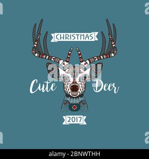 Head of deer with ethnic ornament vector logo. Christmas illustration Stock Vector