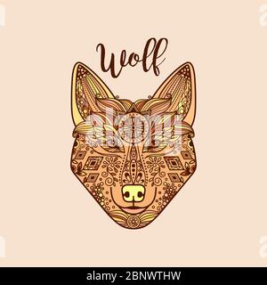 Zentangle colorful wolf head with hand drawn guata vector ornament Stock Vector