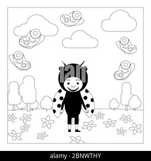 Kid in fancy laduybug insect dress in kindergarten. Coloring page for children. Vector illustration Stock Vector