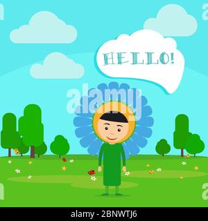 Kid in fancy flower dress with speech bubble in kindergarten. Vector Illustration Stock Vector