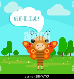 Kid in fancy insect dress with speech bubble in kindergarten. Vector Illustration Stock Vector
