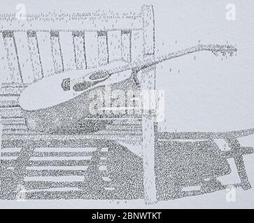 Ink Drawing of Acoustic Guitar on bench all drawn using tiny musical notes. Stock Photo