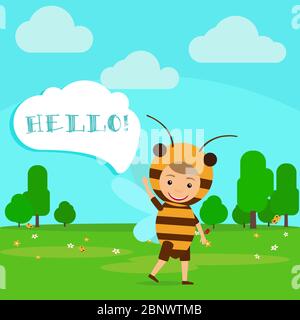 Kid in fancy insect bee dress with speech bubble in kindergarten. Vector Illustration Stock Vector