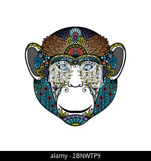Colorful hipster monkey head isolated on white. Vector illustration Stock Vector