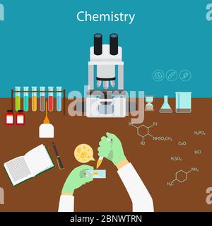 Chemistry research in laboratory cartoon vector illustration with icons Stock Vector