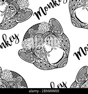 Monkey head seamless pattern with colorful ethnic motifs. Vector illustration Stock Vector