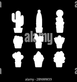 Cactus white silhouettes set on the black background. Vector illustration Stock Vector
