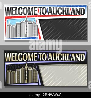Vector layouts for Auckland with copy space, decorative voucher with illustration of famous auckland city scape on day and dusk sky background, design Stock Vector
