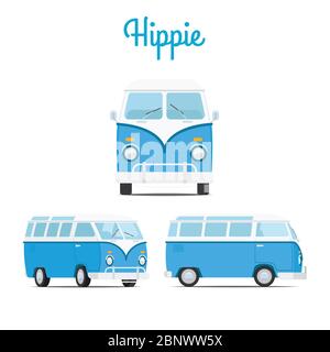 Hippie vintage blue mini van vector set Stock Vector