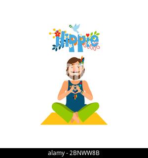 Vector illustration with hippie barefoot man sitting on the yoga mat Stock Vector