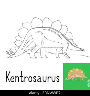 Coloring page for kids with Kentrosaurus dinosaur and colored preview. Vcetor illustration Stock Vector