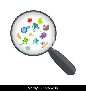 Bacteria and virus under the magnifying glass vector illustration Stock Vector