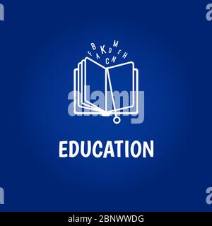 Vector education logo with book line icon on blue background Stock Vector