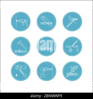 Home repair line icons. Home repair tools vector set, icons in blue circles Stock Vector