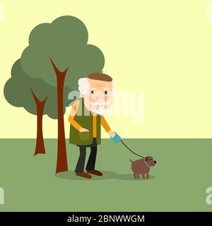 Retirement old man with dog in the park. Vector illustration Stock Vector