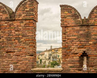 Typical ghibelline battlement and merlons from medieval Fortress of Verona (Castelvecchio Verona - old castle)) Veneto region, northern Italy Stock Photo
