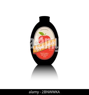 Black bottle silhouette with reflection and vintage fruit label. Apple juice bottle vector illustration Stock Vector