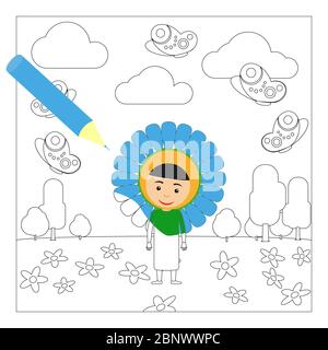 Kid in fancy flower dress in kindergarten. Coloring page for children. Vector illustration Stock Vector