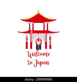Welcome to Japan. Vector illustration with Japanese Kokeshi Doll Stock Vector