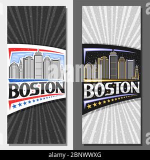 Vector vertical layouts for Boston, decorative leaflet with outline illustration of modern boston city scape on day and dusk sky background, art desig Stock Vector