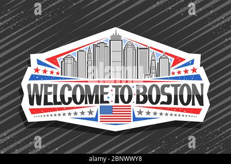 Vector logo for Boston, white decorative badge with line illustration of modern boston city scape on day sky background, art design fridge magnet with Stock Vector