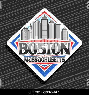 Vector logo for Boston, white decorative road sign with line illustration of boston city scape on day sky background, tourist fridge magnet with uniqu Stock Vector