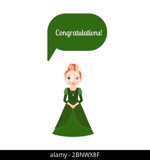 Cute cartoon princess with speech bubble Congratulations for game design. Vector illustration Stock Vector