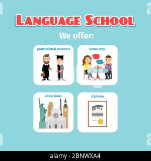 Benefits of studying in language school abroad. Vector illustration Stock Vector
