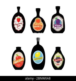 Bottles silhouettes with vintage labels for fruit juice, jam, squash. Vector illustration Stock Vector