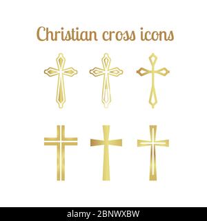 Golden christian cross icons isolated on white. Vector illustration Stock Vector