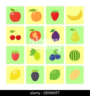 Flat style fruit icon set for game design. Vector illustration Stock Vector