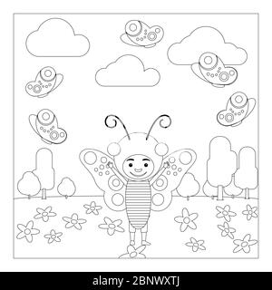 Kid in fancy insect dress in kindergarten. Coloring page for children. Vector illustration Stock Vector