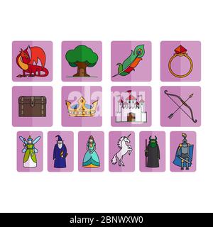 Fairy tale elements in flat style, vector set Stock Vector