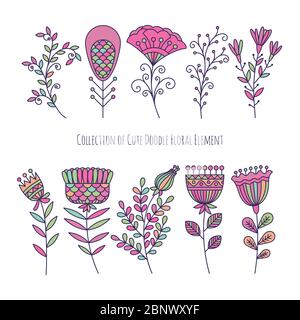 Collection of colorful cute doodle floral elements. Vector illustration Stock Vector