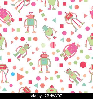 Seamless pattern for kids wallpaper design with robots and geometric shapes. Vector illustration Stock Vector
