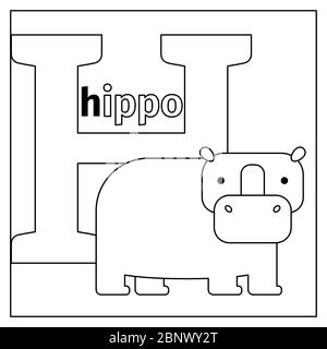 Coloring page or card for kids with English animals zoo alphabet. Hippo, letter H vector illustration Stock Vector