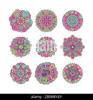 Colorful symmetrical doodle floral elements set. Vector illustration Stock Vector