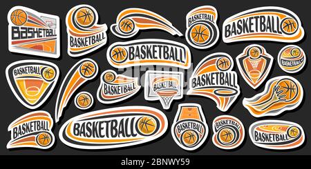 Vector Set for Basketball, lot collection of 20 cut out illustrations of decorative basketball signs, group of many various sports logos with unique l Stock Vector