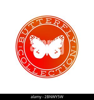 Butterfly collection white label design on the red and orange circle, isolated vector symbol Stock Vector