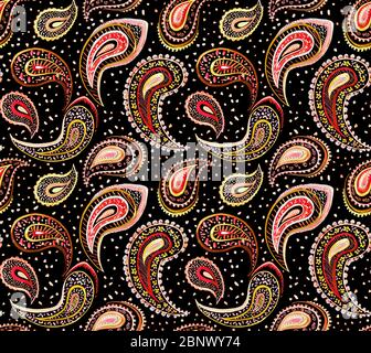 Seamless decorative paisley pattern with black background Ready for textile prints. Stock Photo