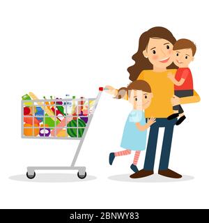 Happy woman with two kids and shoping cart. Vector illustration Stock Vector