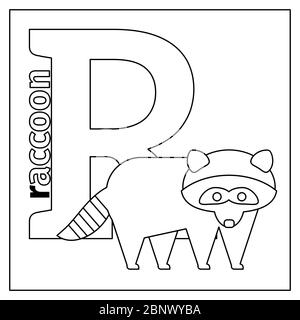 Coloring page or card for kids with English animals zoo alphabet. Raccoon, letter R vector illustration Stock Vector