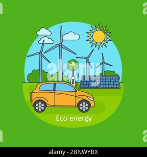 Eco energy concept illustration with sun, car and wind turbine generator. Vector icon Stock Vector