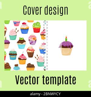 Cover design for print with cupcakes pattern. Vector illustration Stock Vector