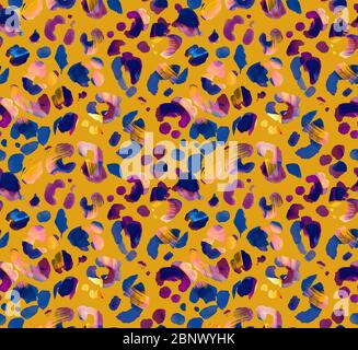 Seamless animal leopard brush pattern with dark yellow background ready for fashion textile prints. Stock Photo