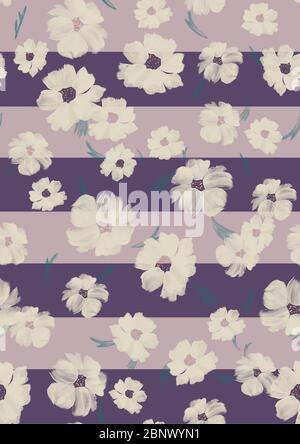 Watercolor seamless pattern with flowers and leaves on strips. Hand painted watercolor illustration on lined background. Stock Photo